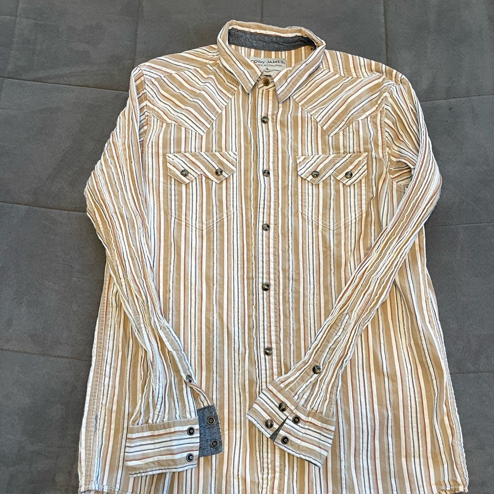 Men's Beige and White Striped Button-Down Shirt